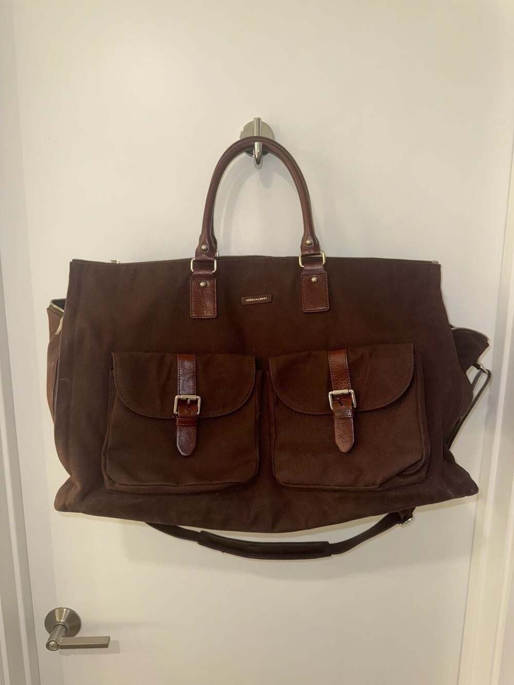 Hook & Albert Brown Canvas Leather Garment Weekender Duffel Bag